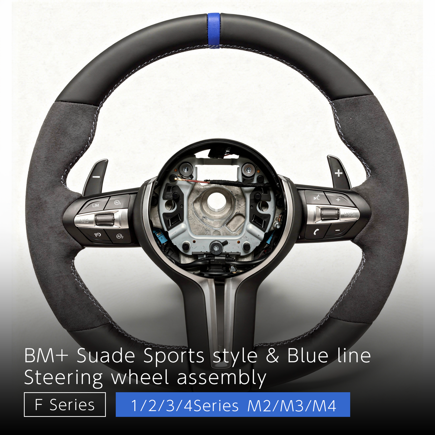 Suede Blue Sports Steering Wheel - BMW F Chassis 1 / 2 / 3 / 4 Series Blue Center Stripe