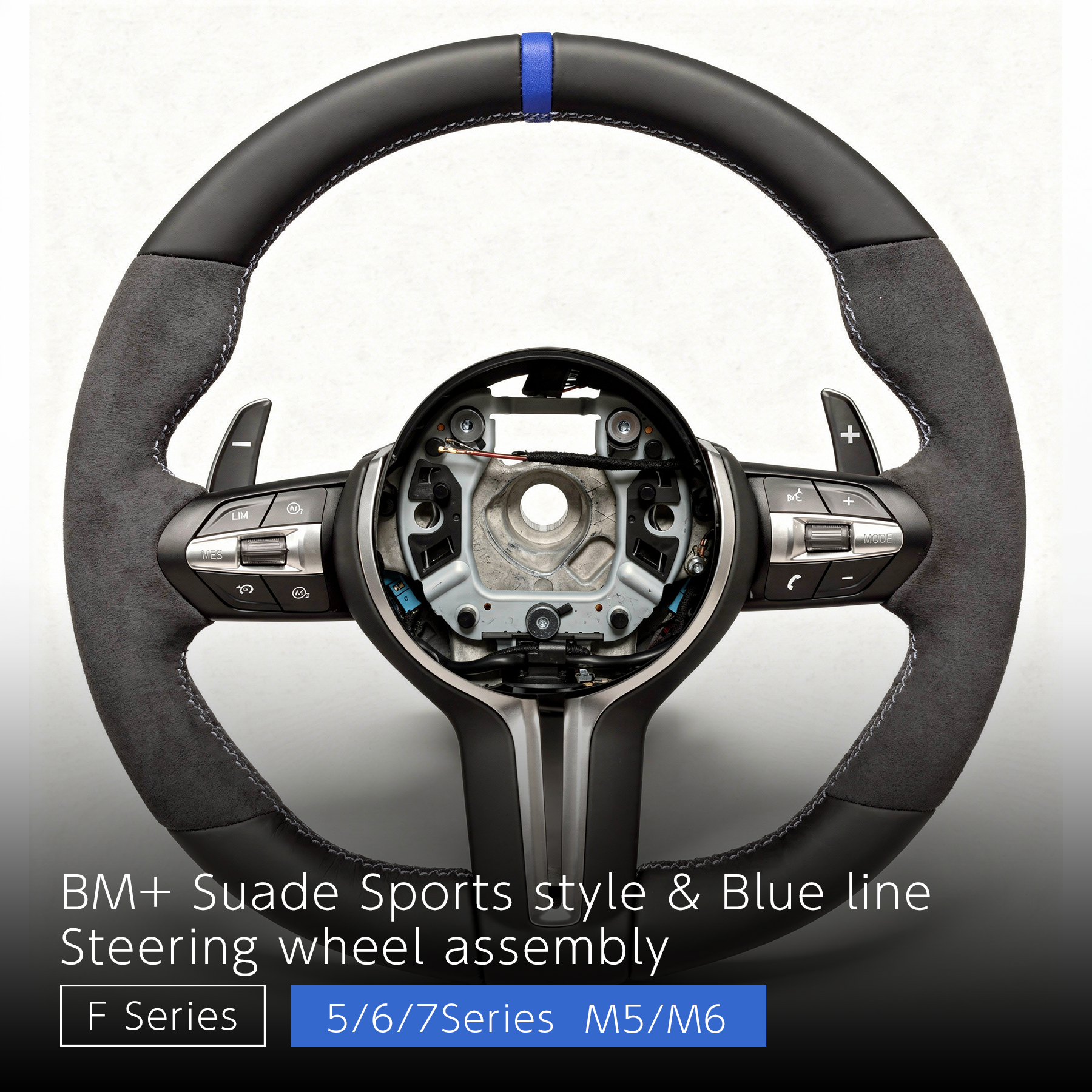 Suede Blue Sports Steering Wheel - BMW F Chassis 5 / 6 / 7 Series blue Center Stripe