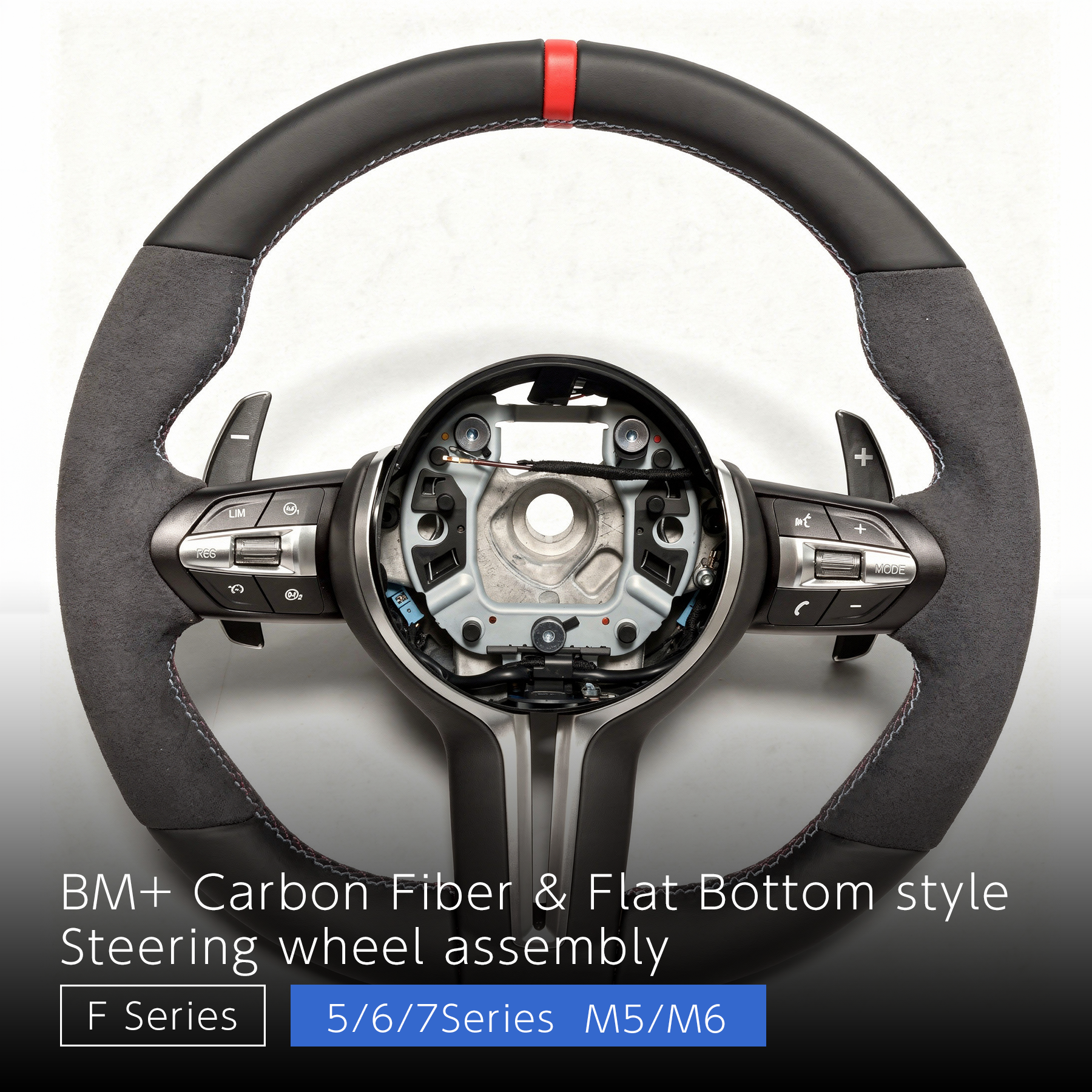 Suede Red Sports Steering Wheel - BMW F Chassis 5 / 6 / 7 Series Red Center Stripe